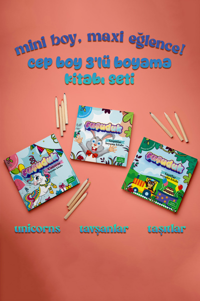 FUFUDUK Cep Boy 3'lü Boyama Kitabı Seti ( Unicorns , Tavşanlar , Taşıtlar )