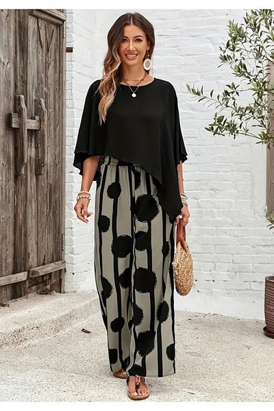 Little Visqon Crew Neck Asymmetrical Seamless Sandy Cape Blouse and Patterned Trousers Two Piece Set
