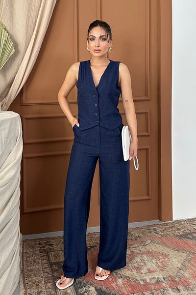 spirituel Women's Bottom Top Set Linen Button V-Neck Vest Loose Leg Pants Set
