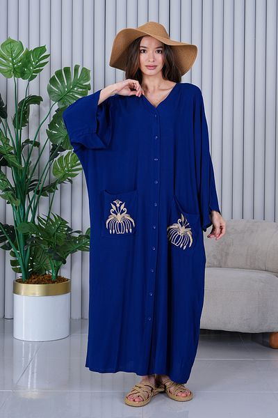 EL jadida Women's Embroidered Buttoned Plus Size Viscose Long Dress Navy Blue