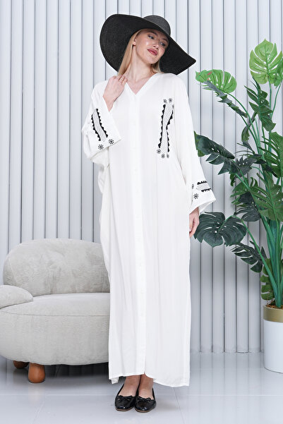 EL jadida Γυναικείο Κεντημένο Κουμπωτό Μακρύ Φόρεμα Βισκόζης Plus Size Λευκό