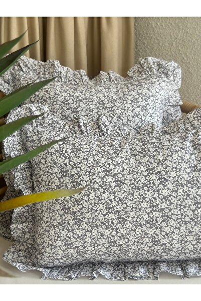Decamor home Βαμβακερό ύφασμα Γκρι Μίνι Φλοράλ Κάλυμμα Μαξιλαριού με βολάν 1 ΤΕΜΑΧΙΟ
