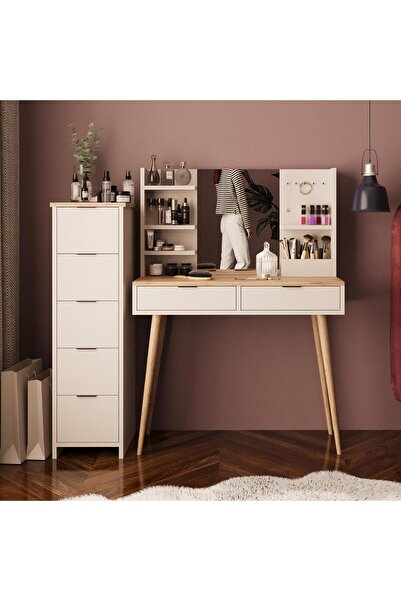 Bimossa T4060 Bella 5+2 Çekmeceli Makyaj Masası Seti Kumtaşı Sepet – Raflı Ayna, Takı Askılı, Ahşap Ayaklı
