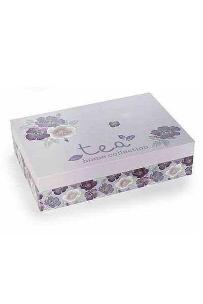 Decorer Tea box with 6 compartments made of wood, floral decor, 24 cm x 16 cm x 6 cm