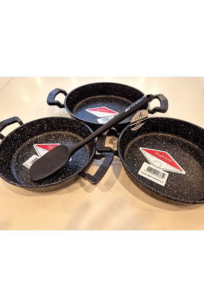 TAŞHAN Cast Granite 3-Piece Pan 18-20-22 cm Black Silicone Spatula Eggs Pan Omelet Set with Gift
