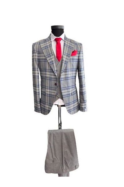 marco mılano Men's Slim Fit Suit, Light Grey with Blue and White Checks, Waist 1