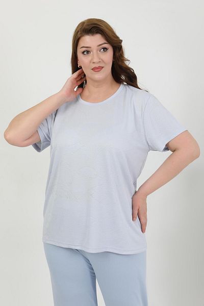 Akbeniz Women's Plus Size Short Sleeve Combed Cotton Pajamas Set Blue 202510