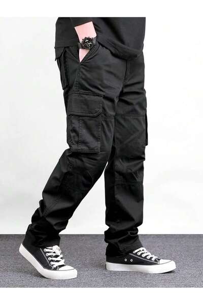 WKM بنطلون جبردين فضفاض بجيب كارجو للرجال