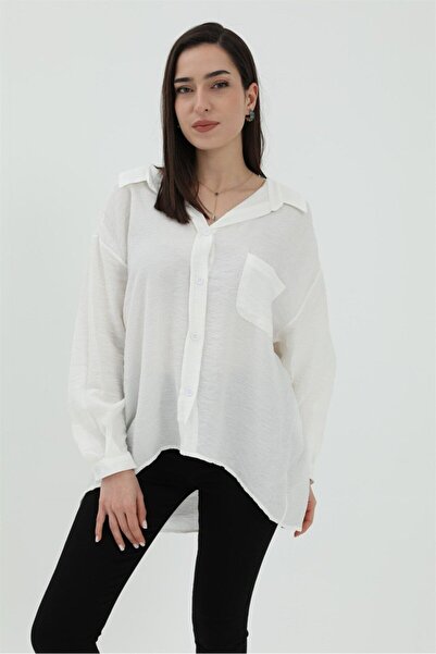 VAPUR TEKSTİL Tek Cep Salaş Keten Gömlek - Ekru