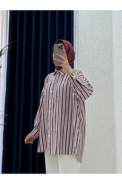 Mihra Λεπτό ριγέ πουκάμισο Seersucker-KN1965 Claret Red