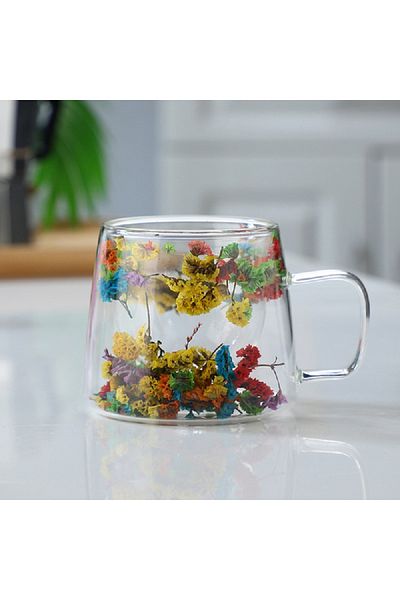 Bien Servi Decorated Flower Filling Elegant Design Double Wall Glass Coffee Mug Clear