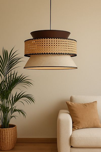 oceanpoint Bohemian Pendant Lamp Chandelier with Natural Bamboo Detail, Decorative Ceiling Lighting with Linen Fabric, 50X30 cm