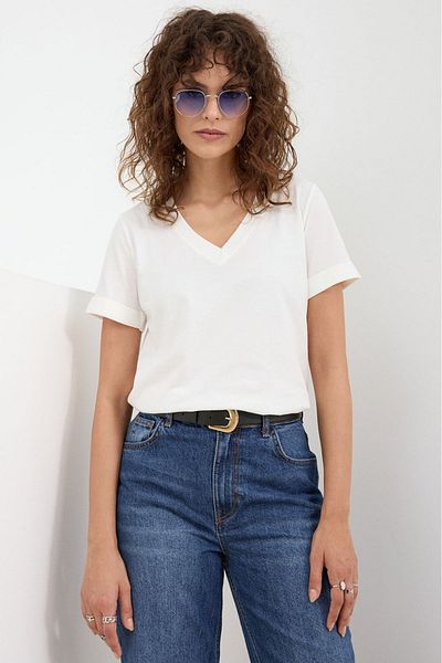 Mrs.idea Women's V-Neck Basic T-Shirt Knitted Cotton Combed T-Shirt