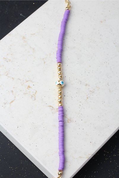 BY BARUN SİLVER Purple Fimo Bracelet with Evil Eye Beads