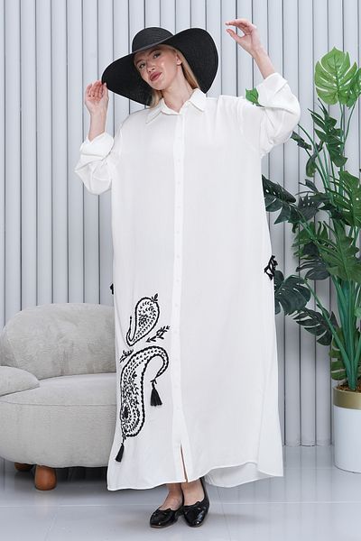 EL jadida Women's Embroidered Buttoned Plus Size Viscose Long Dress White