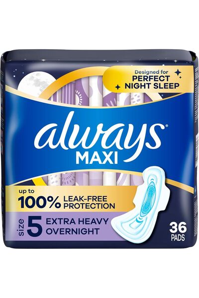 Always Maxi Overnight Pads with Wings, Size 5, Extra Heavy Overnight, Unscent...