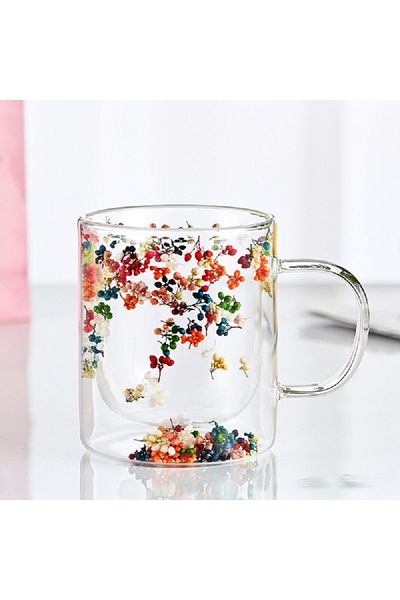 Bien Servi Decorated Flower Filling Elegant Design Double Wall Glass Coffee Mug Clear