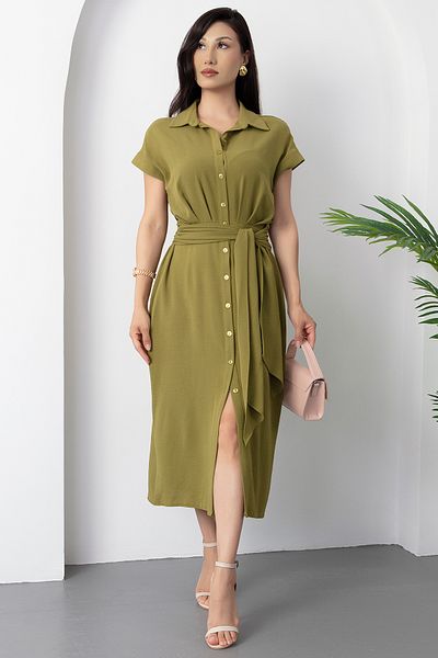 PULLIMM Shirt Collar Button Tie-Up Belt Dress Yzc24Y205