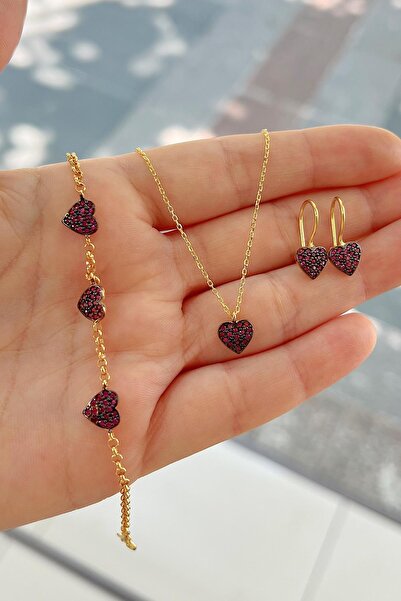 Erer Gümüş Gümüş pembe taşlı kalp küpe kolye bileklik çocuk takım