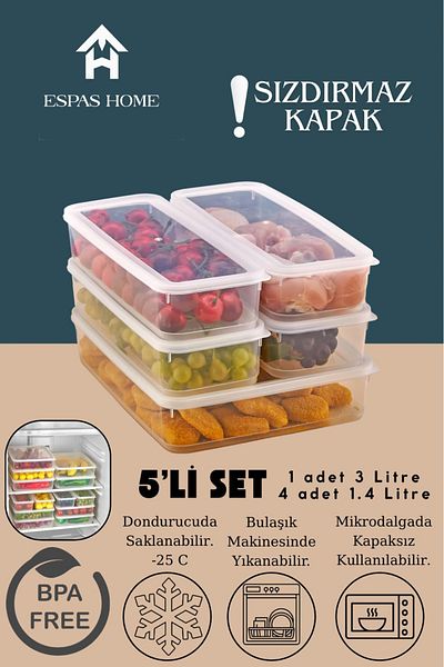Espas Home 5-Piece Leakproof Freshbox Storage Container – Microwave and Refrigerator Compatible / 1X3000 ml - 4X1400 ml