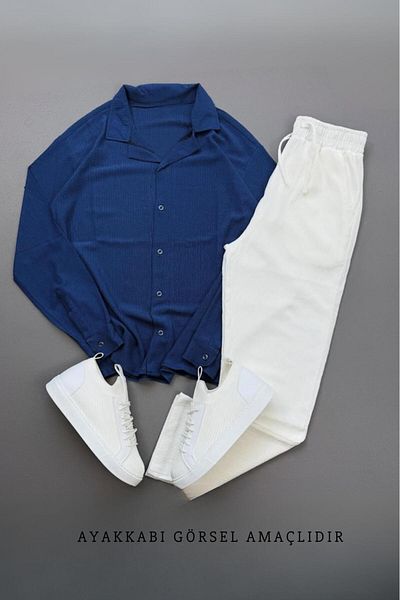NO 601 Men's Navy Blue Wrap Shirt White Pantalon Suit