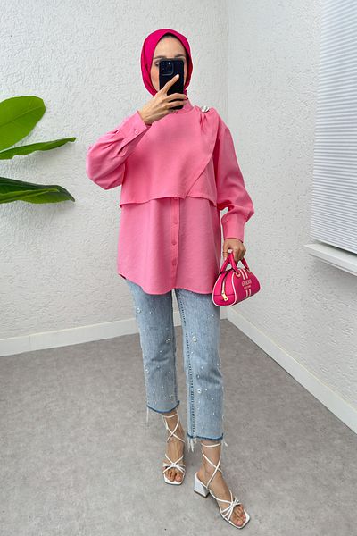 Salih Çelebi Brooch Detailed Hijab Tunic 2264 - Pink