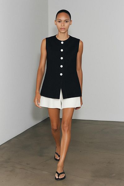 HAKKE Denim Vest with Gold Buttons and Stitching Detail