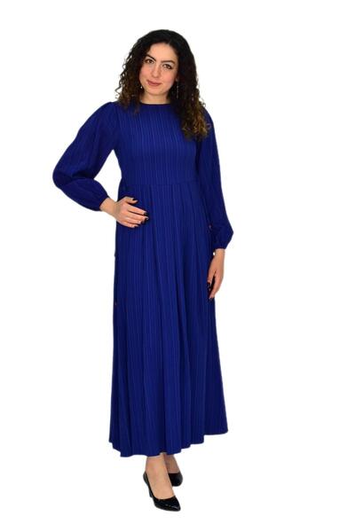 BAGLAN Γυναικείο φόρεμα με μπλέ μανίκι με πλισέ κορδόνια BGL-ST04643