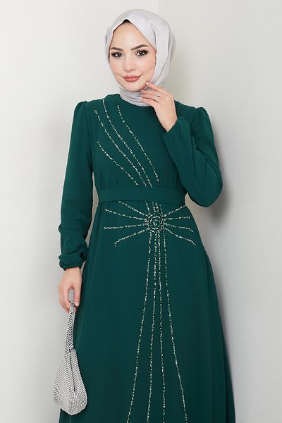 InStyle Βραδινό φόρεμα με πέτρα κεντημένο ασύμμετρο σμαραγδένιο πράσινο