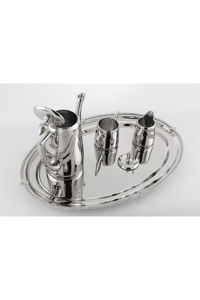 Dekordan House Coffee Milk Jug Sugar Bowl Set with Silver Tray