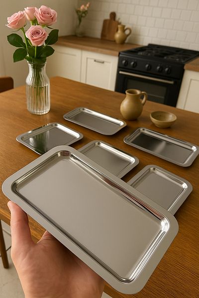 Fiyakalı Ürünler Atölyesi 6 Pieces 13X23 cm Rectangular Stainless Steel Presentation, Coffee, Tea, Presentation Tray, Dowry, Promise, Engagement