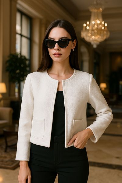 Rich Women's White Double Pocket Seasonal Stylish Cardigan with Hook Closure