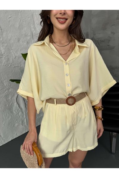 Elif Özbey Butik Yellow Straw Belt Shorts Suit
