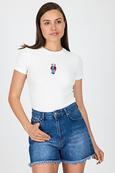 Rays Tricou crop brodat cu ursuleț alb 9203M