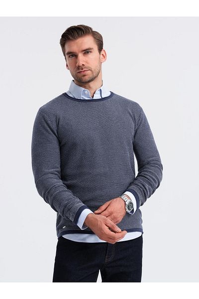 OMBRE Herren Strickpullover mit strukturierten Punkten - Marineblau V1 OM-SWSW-0118 L