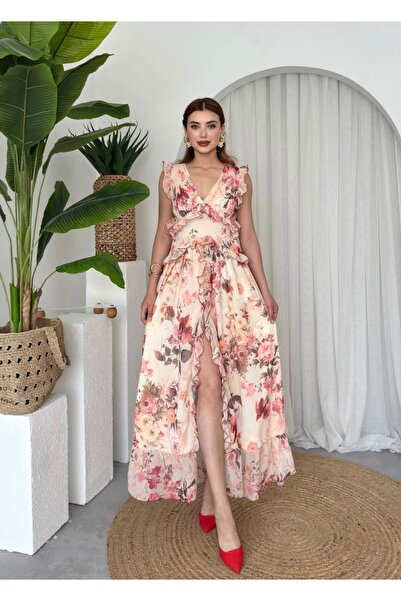 Afiş Butik Krem Şifon Fırfırlı Çiçek Desenli Yırtmaçlı Elbise