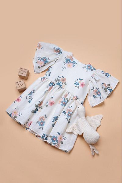 Little Ya Ya Love Frida Short Sleeve Cream Flywheel Sleeve Flower Pattern Dress