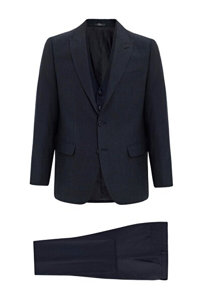 SÜVARİ Siyah Regular Armürlü Sivri Yaka 4 Drop Yelekli Klasik Takım Elbise