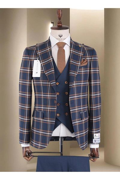 marco mılano Men's Slim Fit Suit, Dark Blue with Brown and Beige Checks, Waist 1