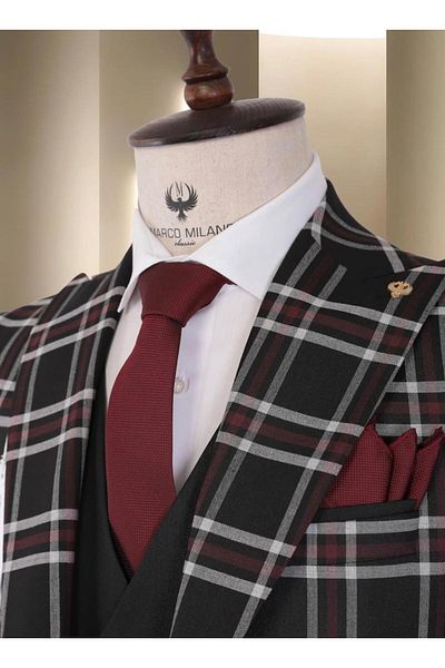 marco mılano Men's Suit, Black with Grey and White Checks, Slim Fit, 3 Pieces, Waist 1