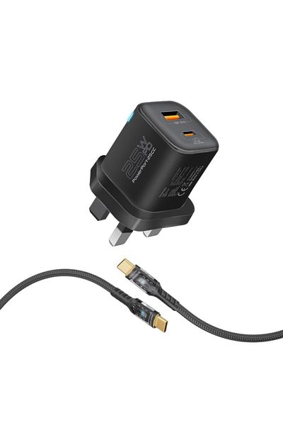 Promate 25W Dual PD Wall Charger, 60W USB-C Cable, Quick Charge 3.0 Port, 1.2m 60W Transparent Cable