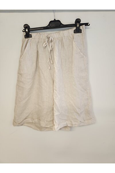 della moor Women's Beige Italian Elastic Waist Wide Leg Long Linen Shorts