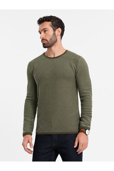 OMBRE Herren Strickpullover mit strukturierten Punkten - oliv V2 OM-SWSW-0118 XL
