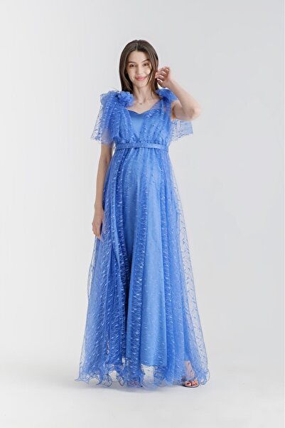 Desen Hamile Giyim Mavi Saten Üzeri Kabartmalı Tül Kumaş Uzun Hamile Abiye El...