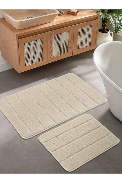 Konfor Halı Natural Non-Slip Base Bathroom Mat Set Soft Textured Water Absorbent Washable New Striped Set 50X80-50X40