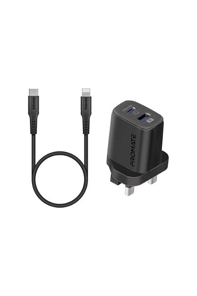 Promate Dual wall charger, USB-C PD 25W power delivery, USB-A port with QC 3.0 18W, Type-C cable