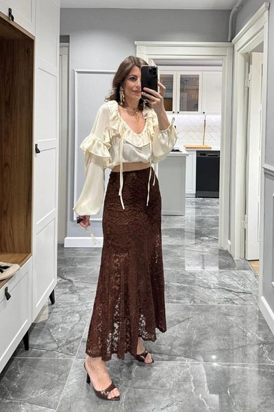 Banu Angay Waist Elastic Lace Skirt Brown