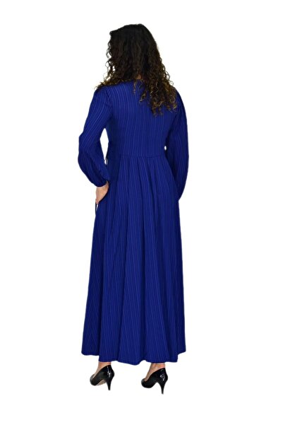 BAGLAN Γυναικείο φόρεμα με μπλέ μανίκι με πλισέ κορδόνια BGL-ST04643