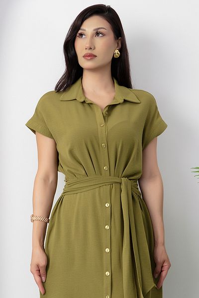 PULLIMM Shirt Collar Button Tie-Up Belt Dress Yzc24Y205