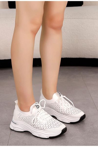 LEYDİ SHOES Siesta White Stone Tricotaj Detaliat Pantofi Sport